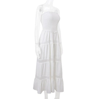 Smocked ruched lace patchwork tube midi dress