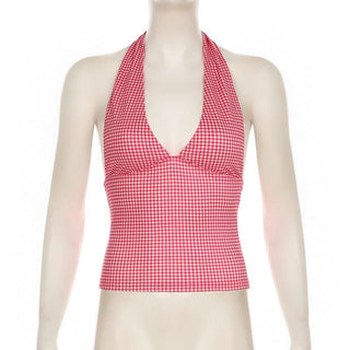 V neck halter polka dot print backless top
