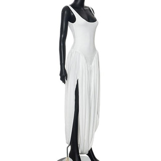 U neck ruched high slit backless cami maxi dress-final-sale