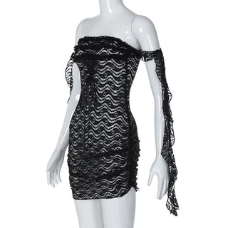 Off shoulder ruffle lace bowknot see through mini dress