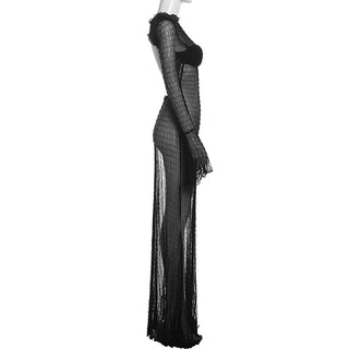 Long flared sleeve textured see through maxi dress