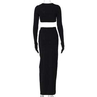 Long sleeve crewneck gloves hollow out solid maxi skirt set-final-sale