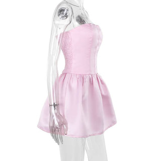 Smocked ruched satin solid tube mini dress