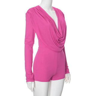 Cowl neck low cut long sleeve ruched solid romper