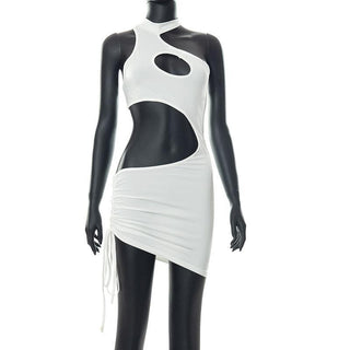 Hollow out irregular solid ruched dress - Halibuy