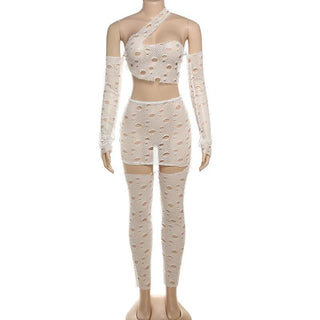 Hollow out one shoulder irregular long sleeve pant set
