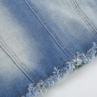Denim bowknot zip-up raw hem lace hem cami top