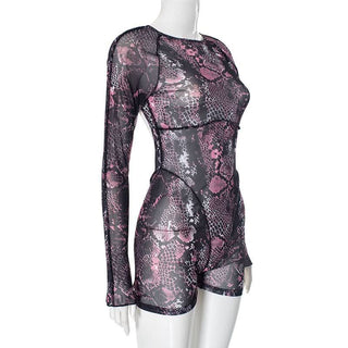 Long sleeve sheer mesh snakeskin print stitch romper