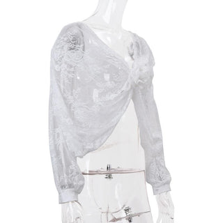 Long puff sleeve lace see through flower applique backless crop top