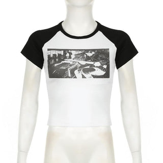 Short sleeve crewneck ribbed print top