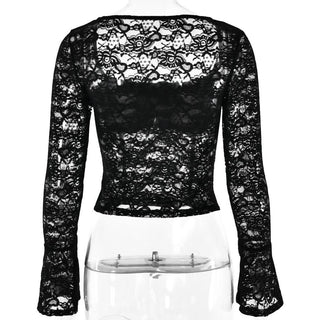 Long flared sleeve square neck lace self tie top
