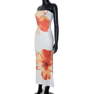 Satin flower print backless contrast tube midi dress