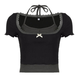 Short sleeve halter lace hem bowknot ribbed 2 piece top
