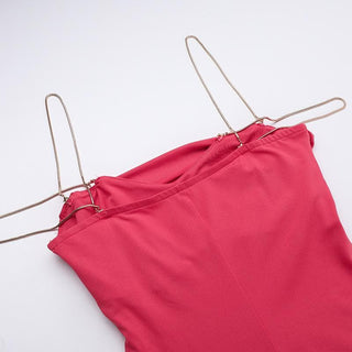 Cowl neck off shoulder ruched slit cami midi dress