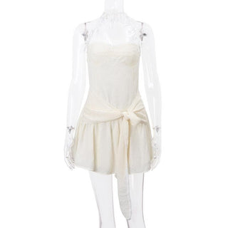 Halter sweetheart neck chiffon ruched bowknot zip-up mini dress
