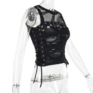 Crewneck fishnet buckle hollow out lace up tank cut out top