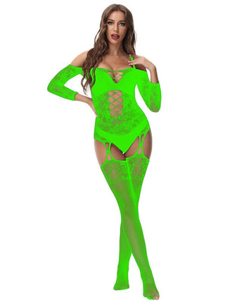 Long sleeve off shoulder lace fishnet strappy bodystocking