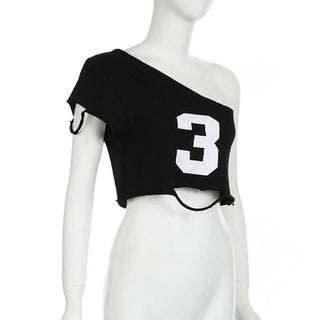One shoulder "3" pattern crop top