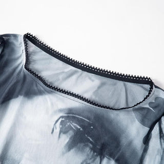 Long flared sleeve sheer mesh print ruffle mini dress