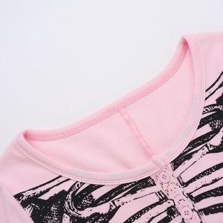 Human skeleton print long sleeve button mini dress