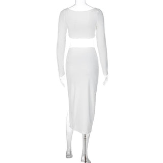 Long sleeve off shoulder high slit midi skirt set