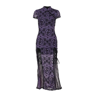 Short sleeve high neck print high slit button midi dress-final-sale