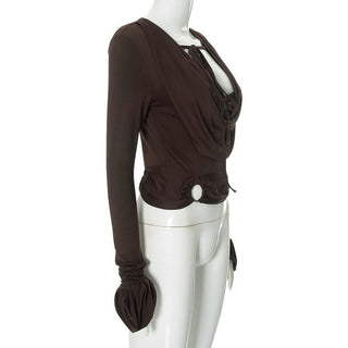 Long sleeve cowl neck o ring self tie ruched hollow out cut out top