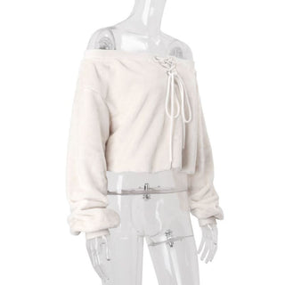 Off shoulder long sleeve fluffy self tie top