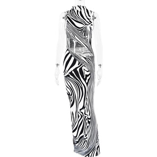 Zebra print hollow out high neck cut out maxi dress