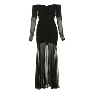 Long sleeve off shoulder ruched mesh maxi dress