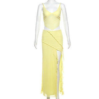 V neck ruffle mesh backless cami maxi skirt set