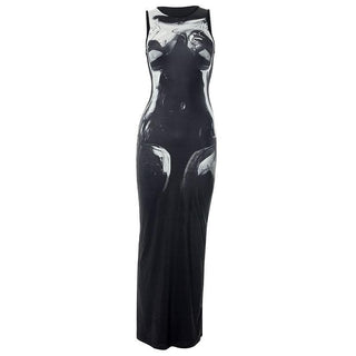 Crewneck body print contrast tank maxi dress
