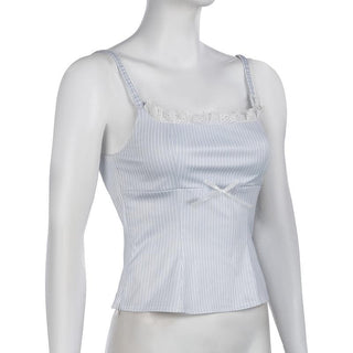 Striped print lace hem zip-up bowknot cami top
