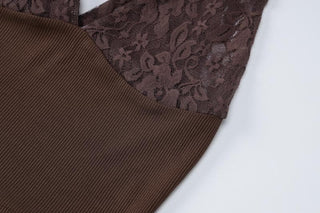 V neck see through lace ribbed patchwork ruched backless top