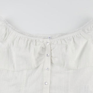 Off shoulder ruched button ruffle top