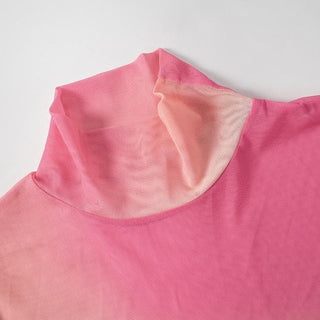 Long sleeve high neck print sheer mesh contrast top