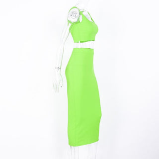 Sleeveless square neck solid ribbed midi skirt set