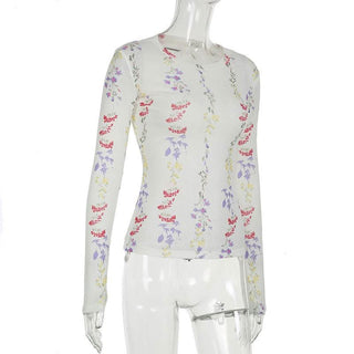 Crewneck long sleeve flower print top