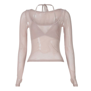 Halter v neck long sleeve mesh 2 piece top