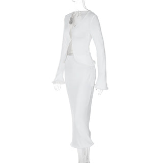 Long flared sleeve v neck button solid midi skirt set