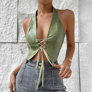 Halter PU leather lace up top