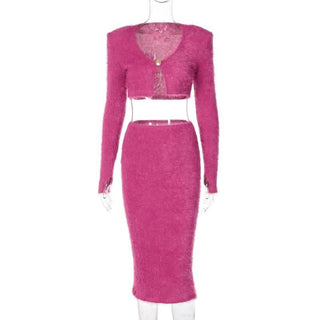 Textured button long sleeve gloves midi skirt set-final-sale