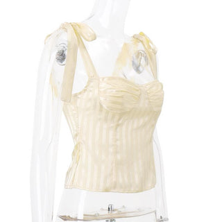 Striped smocked bowknot ribbon cami top