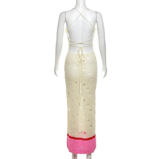 V neck knitted hollow out lace up cut out maxi dress