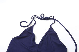 Halter self tie button ruched deep V neck midi skirt set