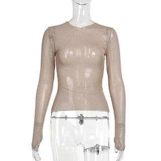 Long sleeve sheer mesh beaded crewneck top