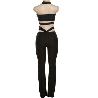 Halter hollow out ruched low rise crop pant set