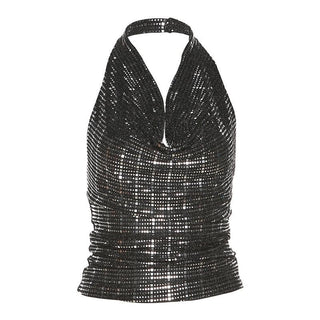 Textured cowl neck halter backless crop top