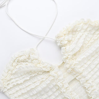 Halter textured ruffle lace hem solid mini dress