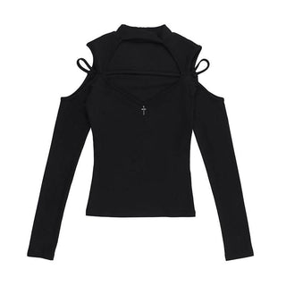 High neck long sleeve hollow out cross metal cut out top